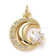 Brass Micro Pave Clear Cubic Zirconia Pendants, Long-Lasting Plated, Lead Free & Cadmium Free, Moon & Star, Real 18K Gold Plated, 16x14x3.5mm, Hole: 3mm(X-ZIRC-E165-04G)