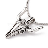 Alloy Bull Skull Pendant Necklace with 201 Stainless Steel Box Chains, Gothic Jewelry for Men Women, Antique Silver & Stainless Steel Color, 23.62 inch(60cm)(NJEW-E016-18AS)