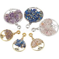 24Pcs 6 Styles Natural Mixed Gemstone European Dangle Charms, Large Hole Pendants, with Alloy Findings, Flat Round with Tree of Life, Antique Silver & Antique Golden, 39~54.5mm, Hole: 4.5mm, Pendant: 28.5~43x25~39.5x5~7mm, 4pcs/style(PALLOY-AR0001-36)