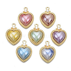 Rack Plating Alloy Pendants, with Porcelain and ABS Plastic Imitation Pearl, Long-Lasting Plated, Golden, Cadmium Free & Lead Free, Heart, Mixed Color, 16x22x6mm, Hole: 2mm(PALLOY-Q444-001-RS)