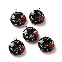 Opaque Resin Pendants, with Platinum Tone Iron Loops, Donut, Black, 25x22x13.5mm, Hole: 2mm(RESI-G032-C01)
