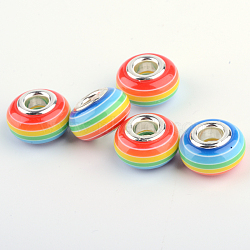 Resin European Beads, Large Hole Beads, with Silver Plated Brass Double Cores, Stripe, Rondelle, Dodger Blue, 14x8~8.5mm, Hole: 5mm(X1-RPDL-S003-05)