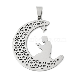 201 Stainless Steel Pendants, Hollow, Moon with Human Charm, Stainless Steel Color, 40.5x37x1.5mm, Hole: 8x4mm(STAS-B052-02P)