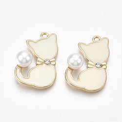 Alloy Enamel Kitten Pendants, Cadmium Free & Lead Free, with Rhinestone and ABS Plastic Imitation Pearl, Cat with Bowknot Shape, Light Gold, Crystal, Seashell Color, 30x20x9mm, Hole: 2mm(X-ENAM-S115-045C)