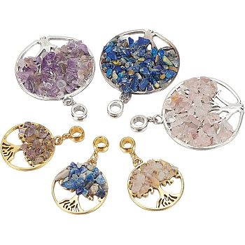 24Pcs 6 Styles Natural Mixed Gemstone European Dangle Charms, Large Hole Pendants, with Alloy Findings, Flat Round with Tree of Life, Antique Silver & Antique Golden, 39~54.5mm, Hole: 4.5mm, Pendant: 28.5~43x25~39.5x5~7mm, 4pcs/style