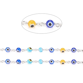 3.28 Feet Handmade Evil Eye Lampwork Round Beaded Chains, with Brass Findings, Unwelded, Long-Lasting Plated, Silver, Colorful, 15x3x6x1.8mm, Beads: 6mm