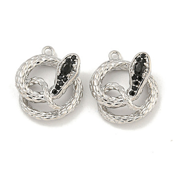 Brass Micro Pave Cubic Zirconia Pendants, Snake, Black, Real Platinum Plated, 16x14x6mm, Hole: 1mm