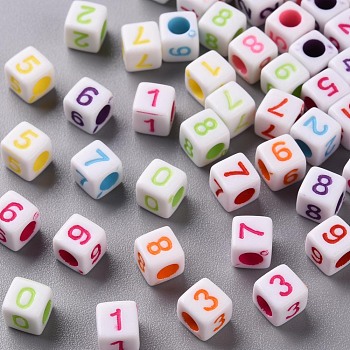 Opaque White Acrylic Beads, Cube with Number, Mixed Color, 6x6x6mm, Hole: 3.5mm, about 3000pcs/500g
