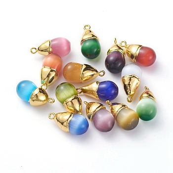 Cat Eye Pendants, with Golden Plated Brass Findings, Teardrop, Mixed Color, 23.5x11.5mm, Hole: 1.7mm