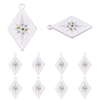 Nbeads 10Pcs 304 Stainless Steel Pendants, with Enamel, Stainless Steel Color, Rhombus with 8 Pointed Star, White, 25x14.5x1mm, Hole: 1.2mm
