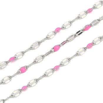 Brass Dapped Chains, with Enamel, with Spool, Soldered Lead Free & Cadmium Free, Platinum, Pearl Pink, 4x2x1mm