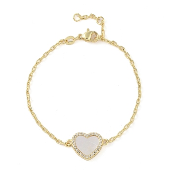 Brass Micro Pave Clear Cubic Zirconia Link Bracelets, Heart Shel Bracelets for Women, Real 18K Gold Plated, 6-3/4 inch(17.2cm), Heart: 13x20mm
