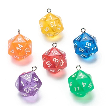Transparent Acrylic Pendants, with Platinum Plated Iron Findings, Faceted, Dice, Mixed Color, 27.5x20x20mm, Hole: 2mm