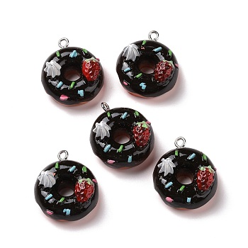 Opaque Resin Pendants, with Platinum Tone Iron Loops, Donut, Black, 25x22x13.5mm, Hole: 2mm