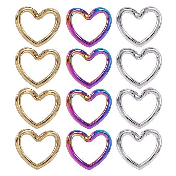 12Pcs 3 Colors 304 Stainless Steel Link Rings, Twisted Heart, Mixed Color, 17x20x2mm, Inner Diameter: 9x15mm, 4pcs/color