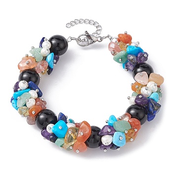 Natural Black Onyx Round & Mixed Stone Chips & Pearl Beaded Bracelet, 7-7/8 inch(20cm)