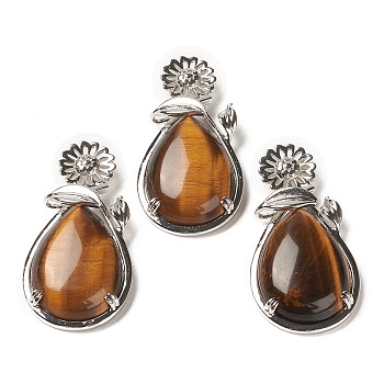 Natural Tiger Eye Pendants, with Brass Findings, Flower with Teardrop, 56x28x8mm, Hole: 5x2.5mm