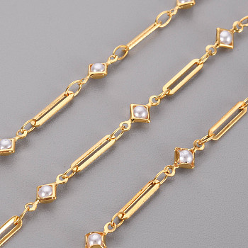 Handmade Brass Chains, with ABS Plastic Imitation Pearl Beads, Soldered, with Spool, Rhombus, Real 18K Gold Plated, 10x2.3x0.5mm 4x2.5x0.3mm, about 16.4 Feet(5m)/roll