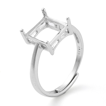 Square Adjustable 925 Sterling Silver Ring Components, 4 Claw Prong Ring Settings, Real Platinum Plated, US Size 6(16.5mm)