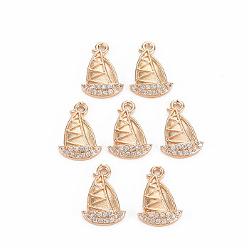 Rack Plating Brass Micro Pave Clear Cubic Zirconia Charms, Long-Lasting Plated, Cadmium Free & Lead Free, Sailing Boat, Light Gold, 14x10x3mm, Hole: 1.2mm