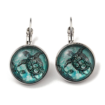 Tortoise Glass Leverback Earrings with Brass Earring Pins, Turquoise, 29mm