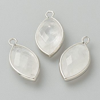 Natural Quartz Crystal Pendants, Rock Crystal Pendants, with Platinum Brass Edge, Faceted, Horse Eye, 22x12x5.5mm, Hole: 1.8mm