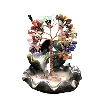 Gemstone Chips Tree Decorations, Ceramic Incense Holders Base Copper Wire Feng Shui Energy Stone Gift for Home Desktop Decoration, 110x103x110mm