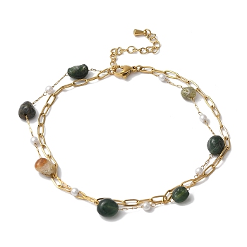 Nuggets Natural Moss Agate & Imitation Pearl Multi-Strand Anklets, Ion Plating(IP) 304 Stainless Steel Paperclip Chain Anklets for Women, Golden, 8-1/2 inch(21.6cm)