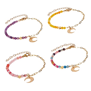 4Pcs 4 Colors Brass Charm Bracelets Sets, with Dyed Natural Agate Beads and 304 Stainless Steel Lobster Claw Clasps, Moon, Golden, Mixed Color, 7-7/8 inch(20cm), 1pc/color