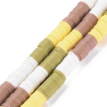Fixed 4 Color Handmade Polymer Clay Bead Strands, Heishi Beads, Disc/Flat Round, Yellow & White & Olive & Camel, 6x0.3~1.5mm, Hole: 1.6~1.8mm, about 265~354pcs/strand, 12.76 inch~15.67 inch(32.4cm~39.8cm)