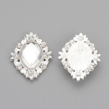 Alloy Rhinestone Flat Back Cabochons, with Acrylic Rhinestone, Oval, Silver Color Plated, Clear, 32x25x4.5mm