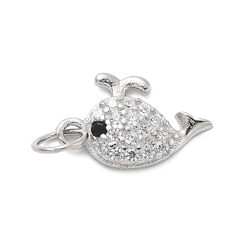 925 Sterling Silver Micro Pave Clear Cubic Zirconia Charms, with 925 Stamp and Jump Rings, Silver Color Plated, Whale, 8.5x13.5x2.5mm, Hole: 4mm