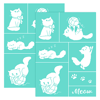 Self-Adhesive Silk Screen Printing Stencil, for Painting on Wood, DIY Decoration T-Shirt Fabric, Turquoise, Cat Pattern, 19.5x14cm