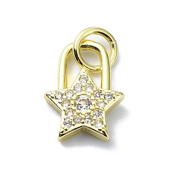 Brass Micro Pave Claer Cubic Zirconia Charms, with Jump Ring, Real 18K Gold Plated, Star, 11.5x8.5x2mm, Hole: 3mm