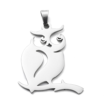 304 Stainless Steel Pendants, Laser Cut, Owl Charm, Stainless Steel Color, 29.5x24x1mm, Hole: 5.5x3mm