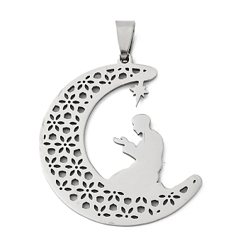 201 Stainless Steel Pendants, Hollow, Moon with Human Charm, Stainless Steel Color, 40.5x37x1.5mm, Hole: 8x4mm