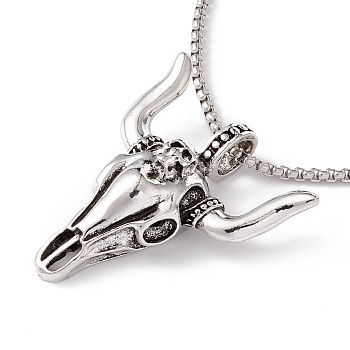 Alloy Bull Skull Pendant Necklace with 201 Stainless Steel Box Chains, Gothic Jewelry for Men Women, Antique Silver & Stainless Steel Color, 23.62 inch(60cm)