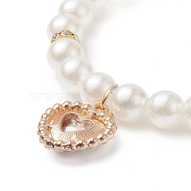 Acrylic Pearl Round Beaded Stretch Bracelet with Alloy Rhinestone Heart Charms for Women(BJEW-JB09232-01)-3