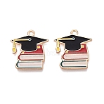 Back to School Alloy Enamel Pendants, Graduation Cap & Book Charms, Light Gold, Black, 22.5x20x1mm, Hole: 1.6mm(ENAM-Q004-01KCG-04)