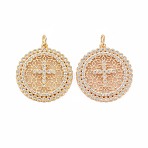 Brass Micro Pave Clear Cubic Zirconia Pendants, Nickel Free, Flat Round with Cross, Real 18K Gold Plated, 24.5x22.5x2mm, Hole: 1mm, jump ring: 5mm in diameter, 0.8mm thick, inner diameter: 3mm(KK-S364-112)