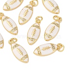 Brass Micro Pave Cubic Zirconia Pendants, Rugby, with Enamel and Jump Ring, Lead Free & Cadmium Free, Long-Lasting Plated, Floral White, 19.5x8.5x3.5mm, Hole: 3.5mm(KK-Q068-58G-02)