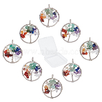 Chakra Themed Natural & Synthetic Gemstone Pendants, with Brass Findings, Flat Round with Tree of Life, Platinum, 29x5~7mm, Hole: 4.5mm, 8pcs(G-SC0002-23P)
