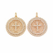 Brass Micro Pave Clear Cubic Zirconia Pendants, Nickel Free, Flat Round with Cross, Real 18K Gold Plated, 24.5x22.5x2mm, Hole: 1mm, jump ring: 5mm in diameter, 0.8mm thick, inner diameter: 3mm(KK-S364-112)