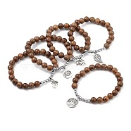 Charm Bracelets, with Natural Wood & Non-magnetic Synthetic Hematite Beads, Tibetan Style Alloy Pendants, Coconut Brown, 2 inch(5cm), Beads: 8.5mm and 4mm(X-BJEW-JB05342)