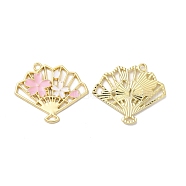 Alloy Enamel Pendants, Golden, Fan with Flower Charm, Pink, 25.5x30x2mm, Hole: 1.8mm(ENAM-D046-30G-03)