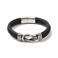 304 Stainless Steel Knot Link Bracelet with Magnetic Clasp, Gothic Bracelet with Microfiber Leather Cord for Men Women, Black, 8-7/8 inch(22.5cm)(BJEW-C021-26P)