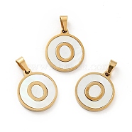 Vacuum Plating 304 Stainless Steel with White Shell Pendants, Golden, Flat Round with Letter Charm, Letter.O, 18x16x1.5mm, Hole: 3x6mm(STAS-G268-01O-G)