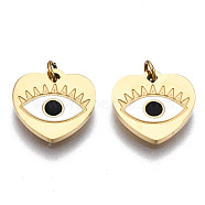 316 Surgical Stainless Steel Enamel Charms, with Jump Rings, Real 14K Gold Plated, Heart with Evil Eye, White, 9.5x10x1mm, Jump Ring: 2.7x0.4mm, 1.9mm inner diameter(X-STAS-S116-379A-G)