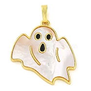 Halloween Theme Brass Enamel Pendants, with Pave Shell, Long-Lasting Plated, Real 18K Gold Plated, Ghost, 24x25x2.5mm, Hole: 3.5x6mm(KK-S401-04G-A)