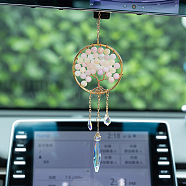 Natural Morgan Jade Tree of Life Pendant Decorations, with Brass Finding and Glass Charm, for Car Rearview Mirror Hanging Ornaments, 300x70mm(PW-WG43260-01)